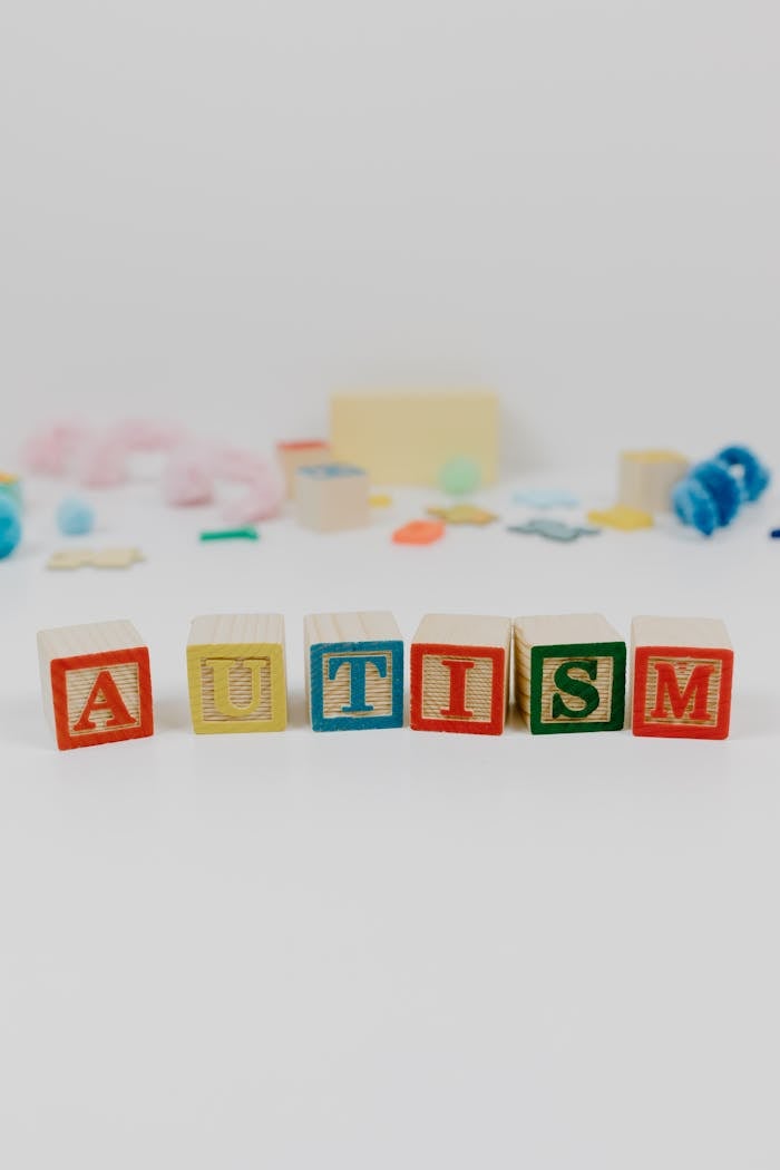 Services-03 Colorful blocks spelling 'autism' with blurred toys in background.